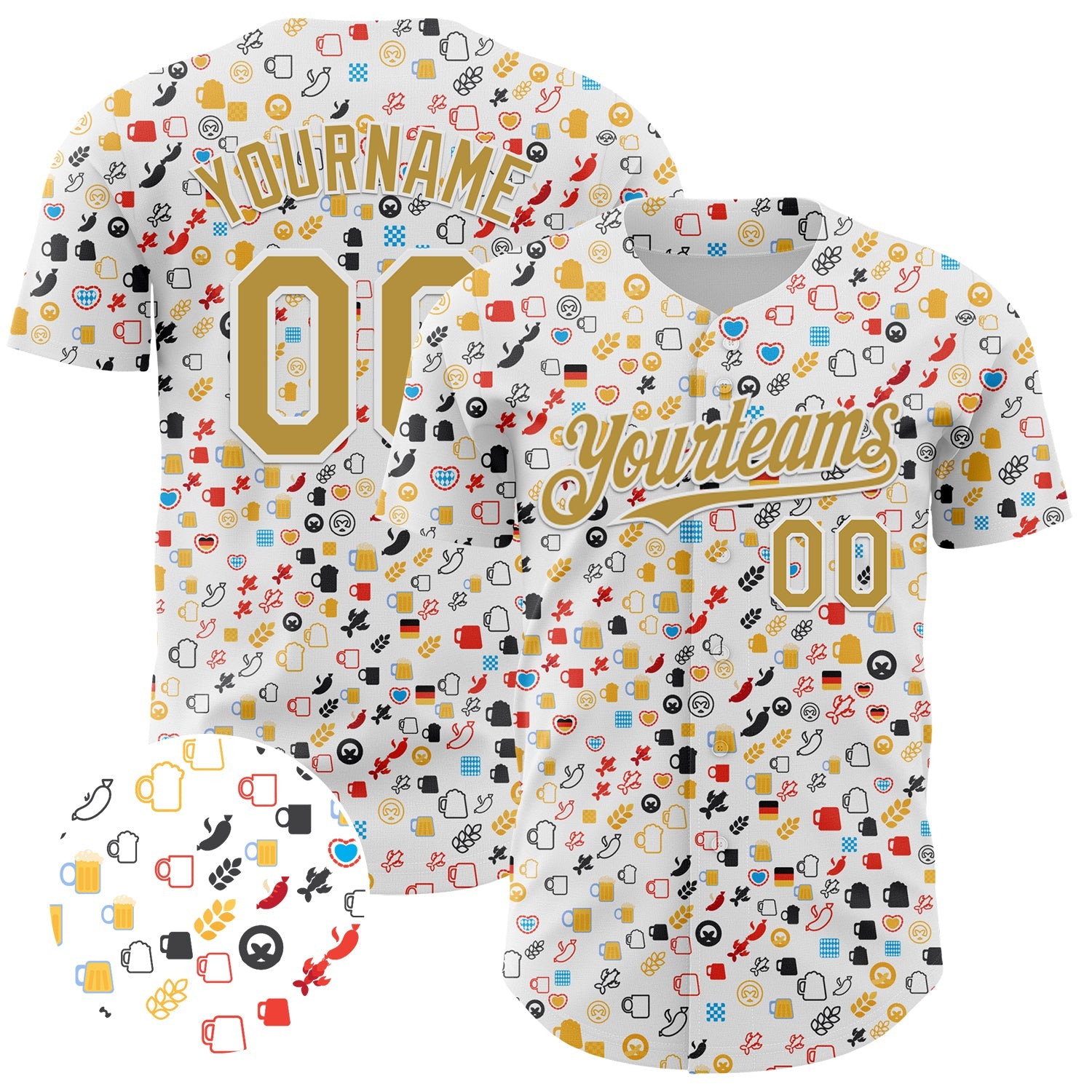 Custom White Old Gold 3D Pattern Design Beer Festival Authentic Baseball Jersey - Main View