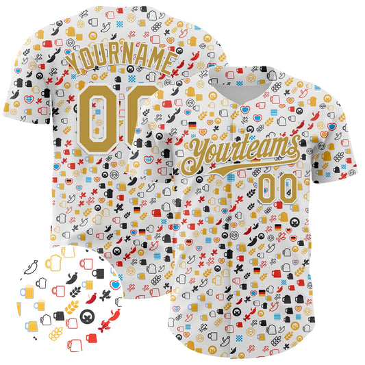 Custom White Old Gold 3D Pattern Design Beer Festival Authentic Baseball Jersey - Main View