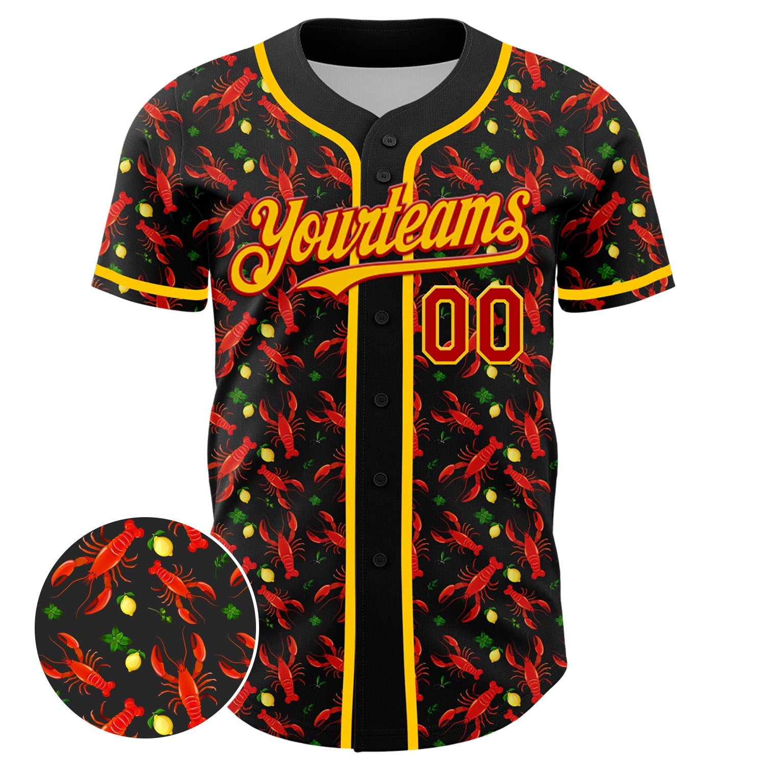 Custom Black Red-Yellow 3D Pattern Design Animal Lobster Fruit Lemon Authentic Baseball Jersey view 2