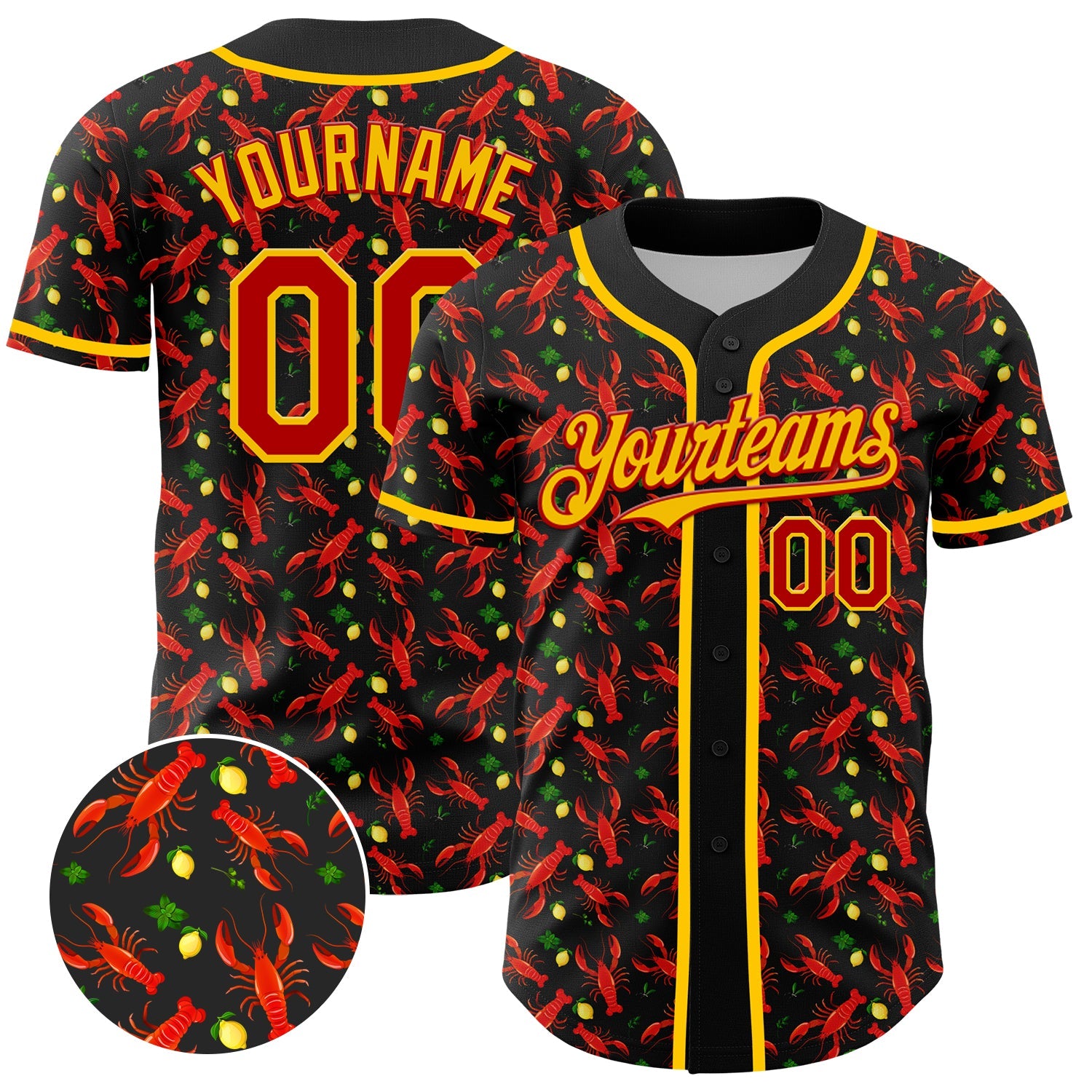 Custom Black Red-Yellow 3D Pattern Design Animal Lobster Fruit Lemon Authentic Baseball Jersey - Main View
