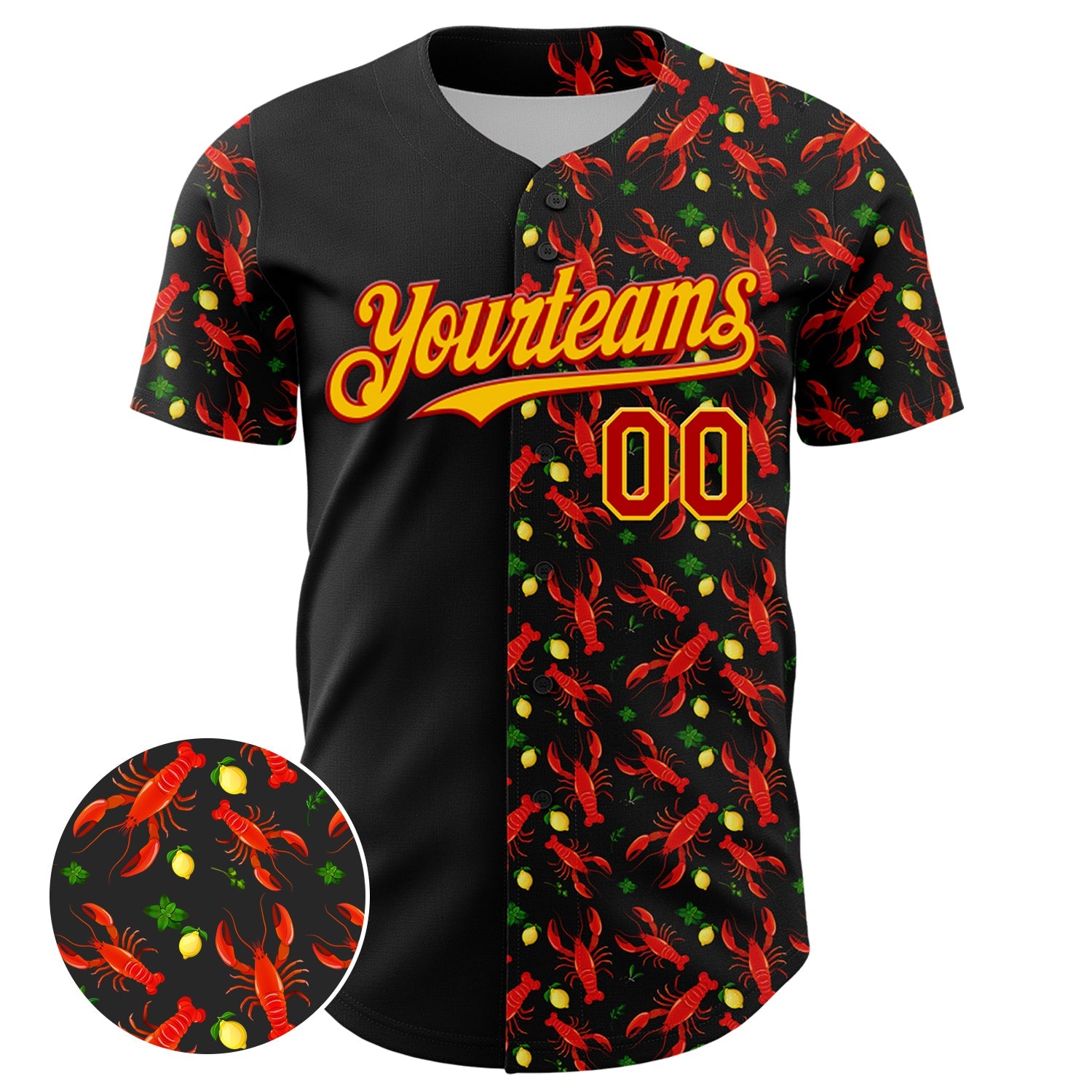 Custom Black Red-Yellow 3D Pattern Design Animal Lobster Fruit Lemon Authentic Baseball Jersey view 2