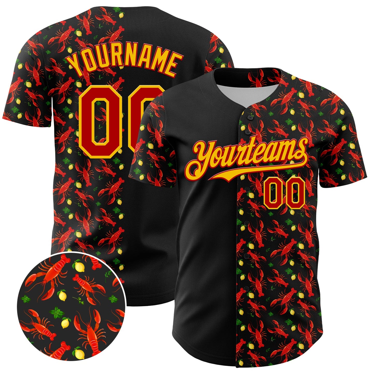 Custom Black Red-Yellow 3D Pattern Design Animal Lobster Fruit Lemon Authentic Baseball Jersey - Main View