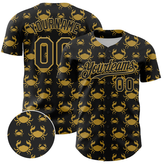 Custom Black Old Gold 3D Pattern Design Animal Crab Fruit Lemon Authentic Baseball Jersey - Main View