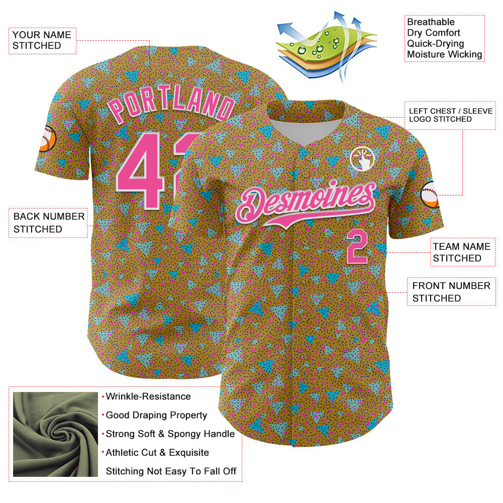 Custom Old Gold Pink-White 3D Pattern Design Geometric Shape Authentic Baseball Jersey view 3