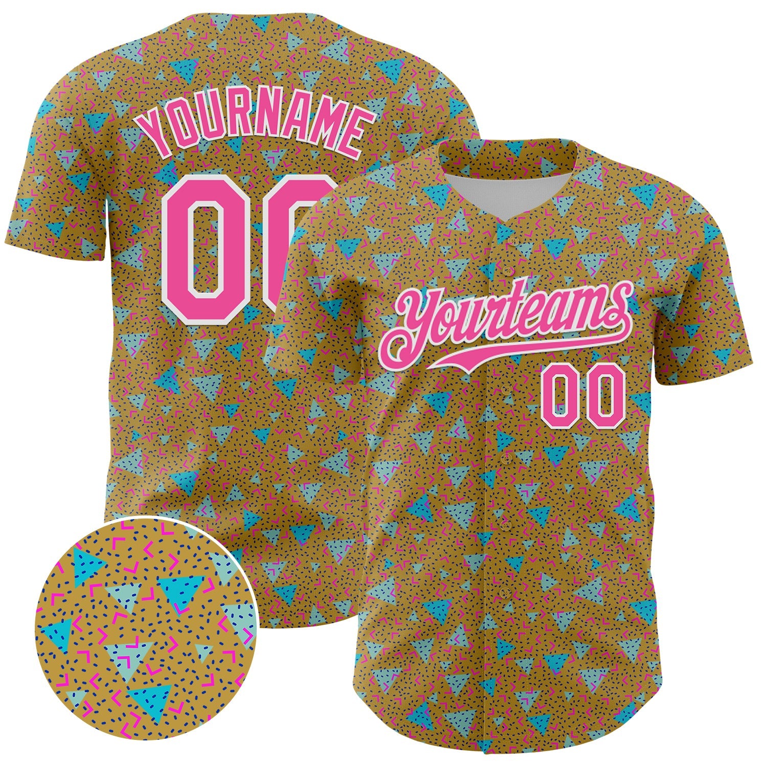 Custom Old Gold Pink-White 3D Pattern Design Geometric Shape Authentic Baseball Jersey - Main View