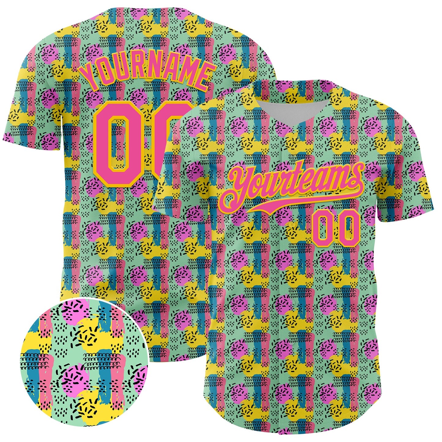 Custom Green Pink-Yellow 3D Pattern Design Color Brush Blocks Authentic Baseball Jersey - Main View