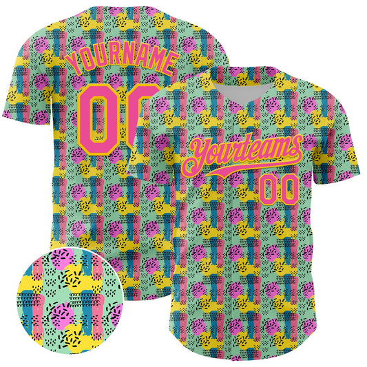 Custom Green Pink-Yellow 3D Pattern Design Color Brush Blocks Authentic Baseball Jersey - Main View