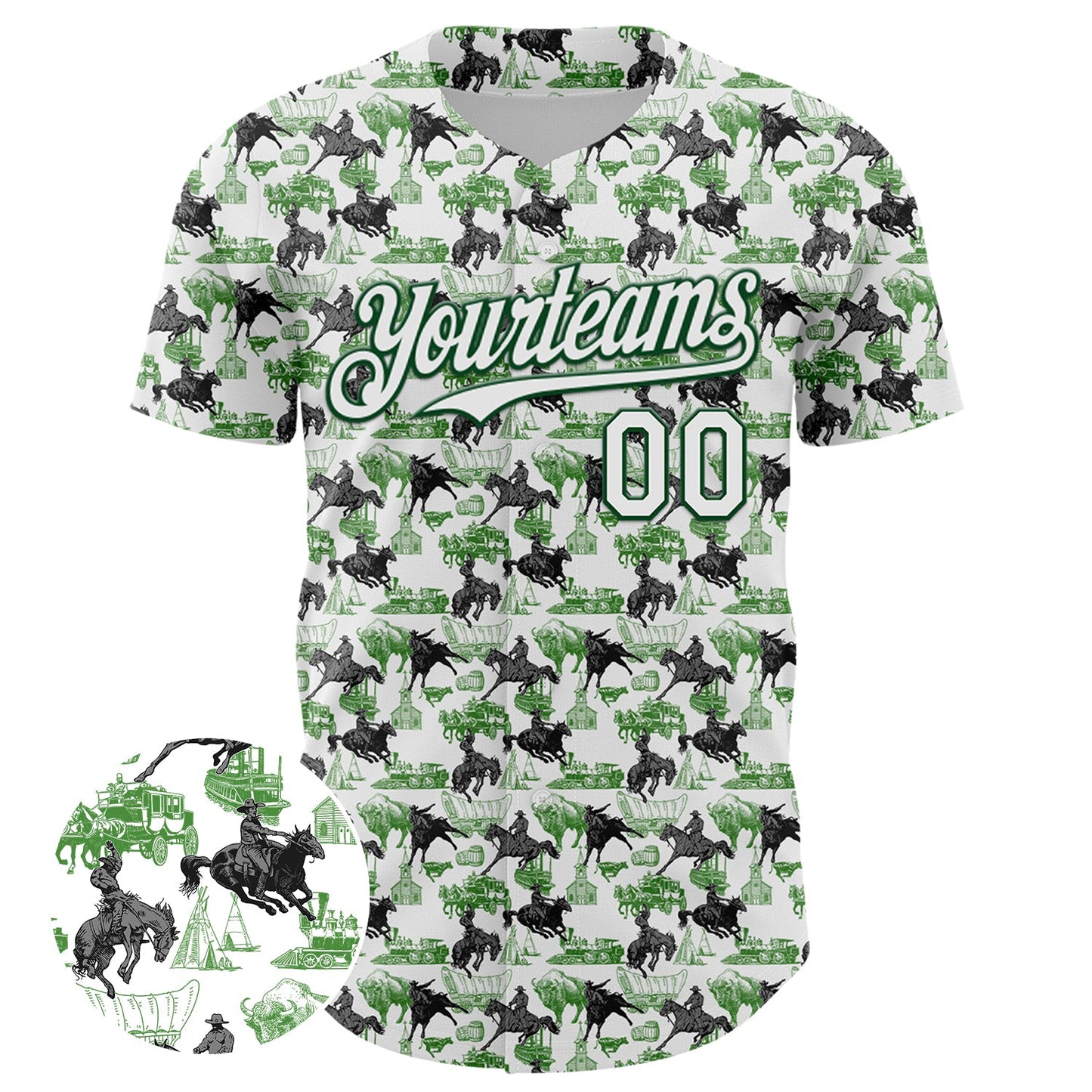 Custom White Green 3D Pattern Design Rodeo Cowboy Authentic Baseball Jersey view 2