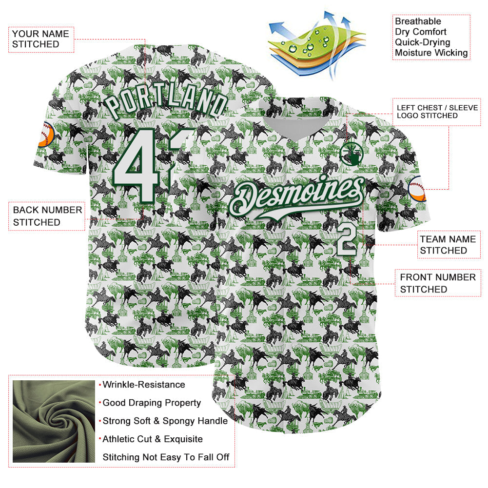 Custom White Green 3D Pattern Design Rodeo Cowboy Authentic Baseball Jersey view 3