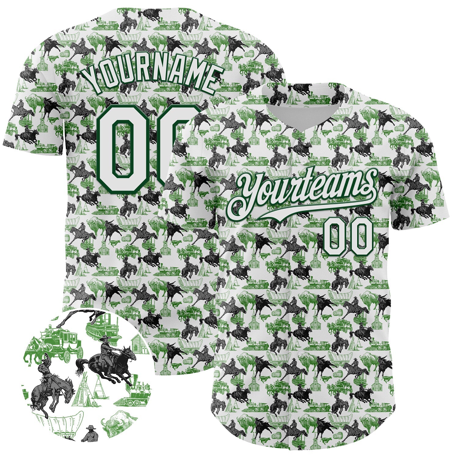 Custom White Green 3D Pattern Design Rodeo Cowboy Authentic Baseball Jersey - Main View