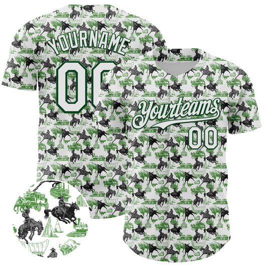 Custom White Green 3D Pattern Design Rodeo Cowboy Authentic Baseball Jersey - Main View