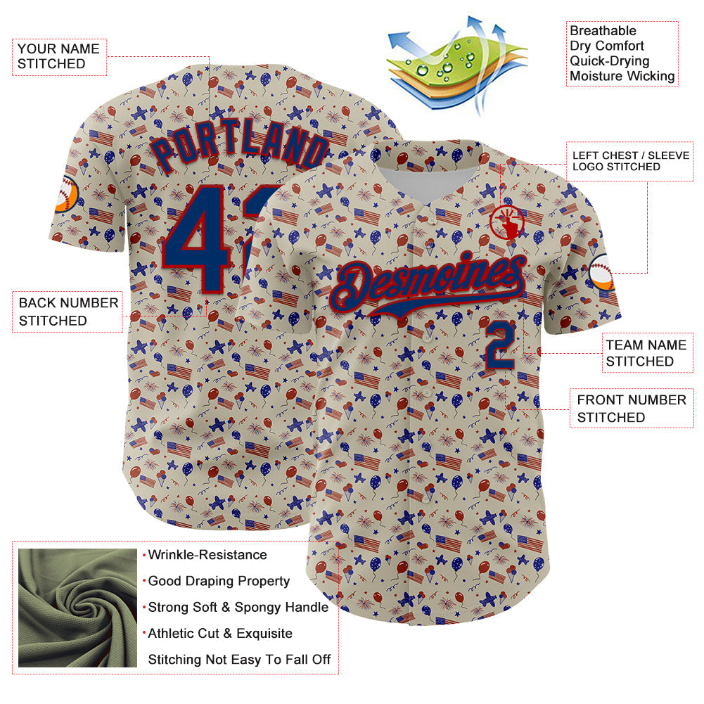 Custom Cream US Navy Blue-Red 3D American Flag Authentic Baseball Jersey view 3