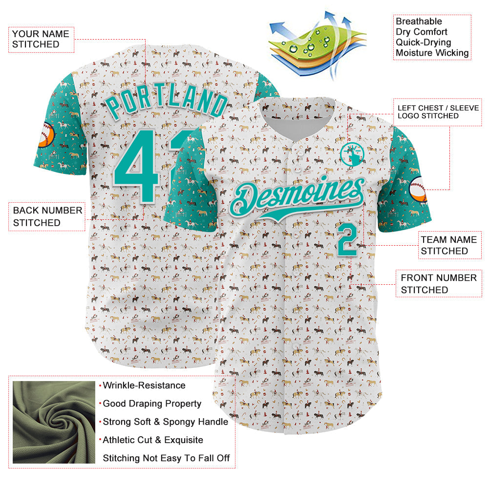 Custom White Aqua 3D Pattern Design Rodeo Cowboy Authentic Baseball Jersey view 3