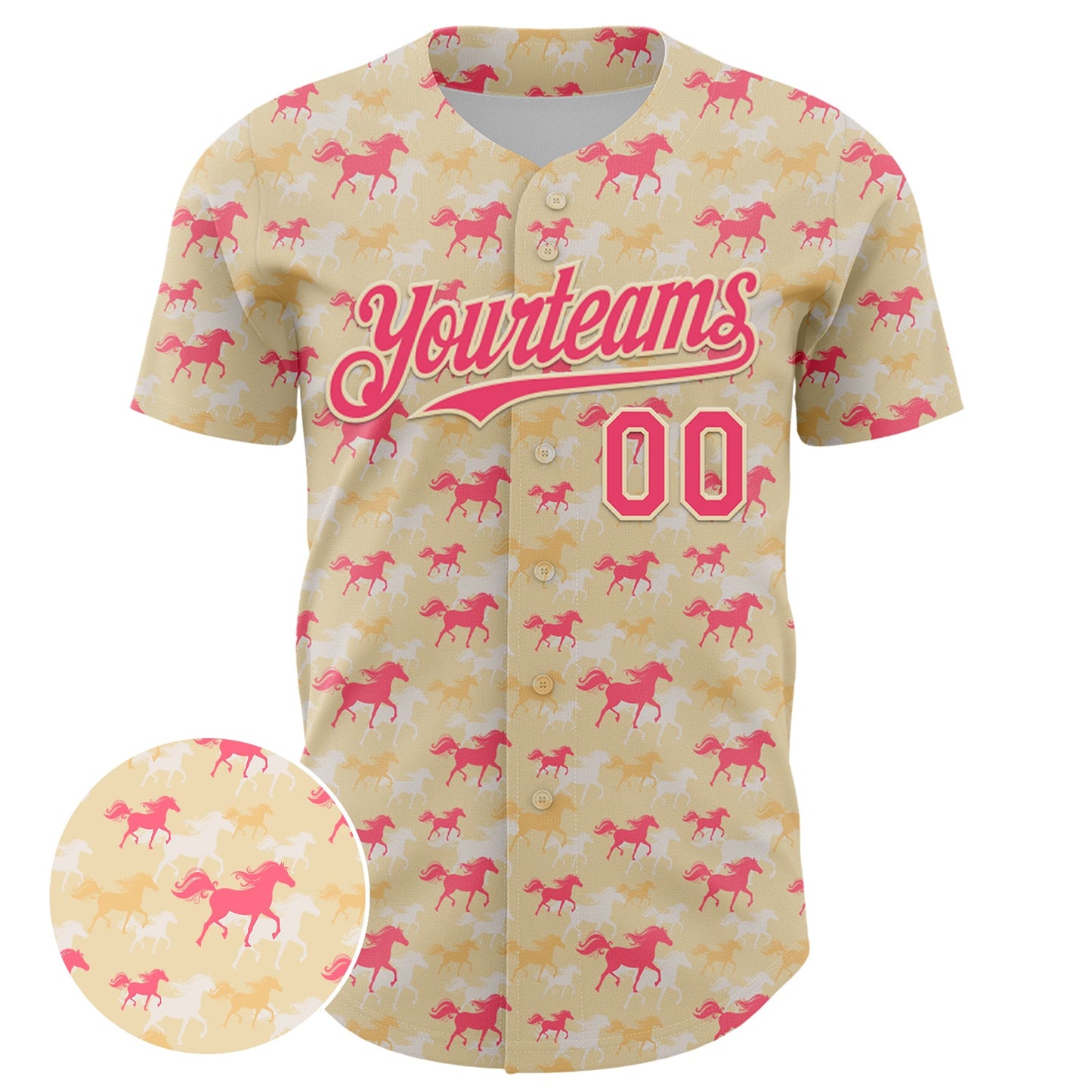 Custom Cream Neon Pink 3D Pattern Design Animal Horse Authentic Baseball Jersey view 2