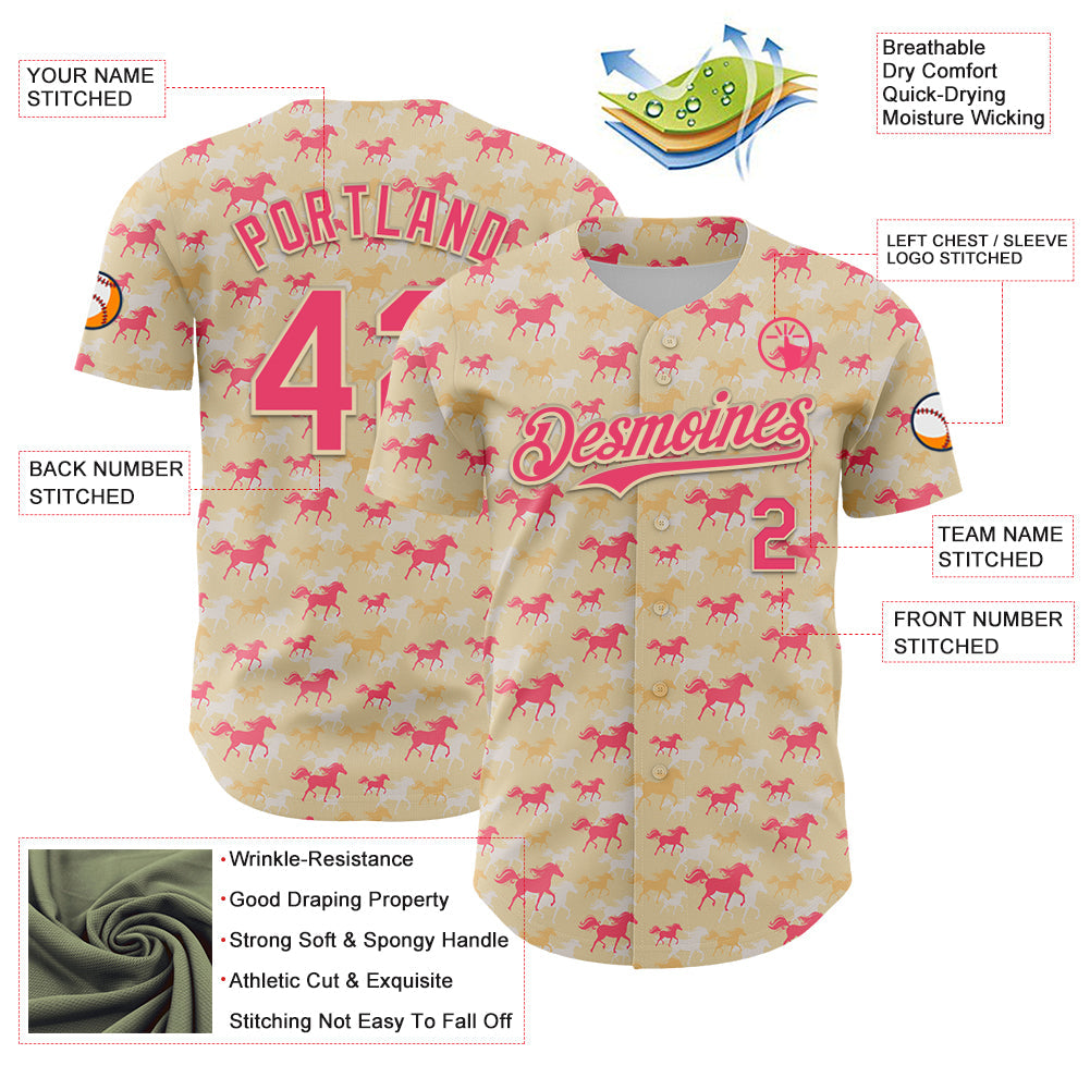 Custom Cream Neon Pink 3D Pattern Design Animal Horse Authentic Baseball Jersey view 3