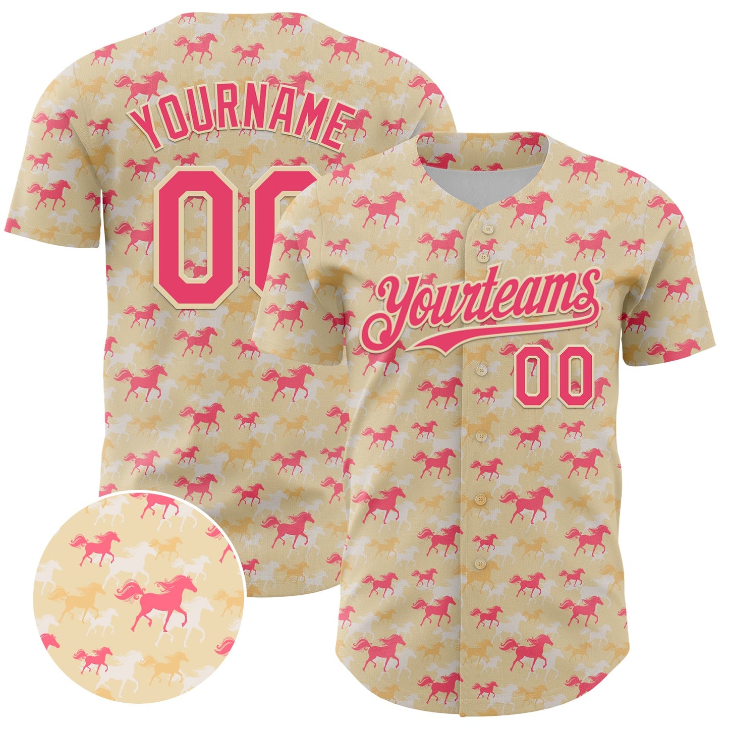 Custom Cream Neon Pink 3D Pattern Design Animal Horse Authentic Baseball Jersey - Main View