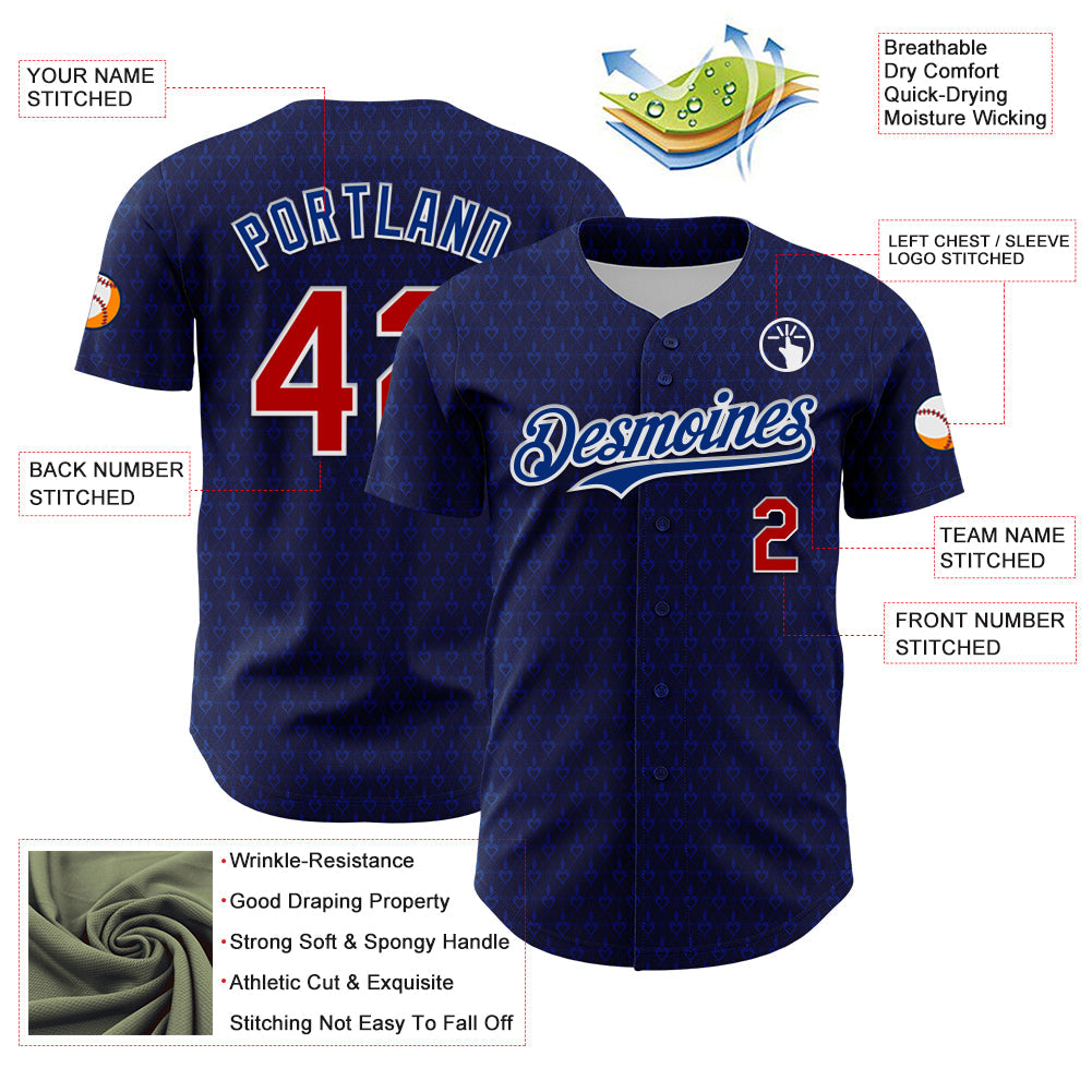 Custom Navy Red-Royal 3D Pattern Design Hearts Authentic Baseball Jersey view 3