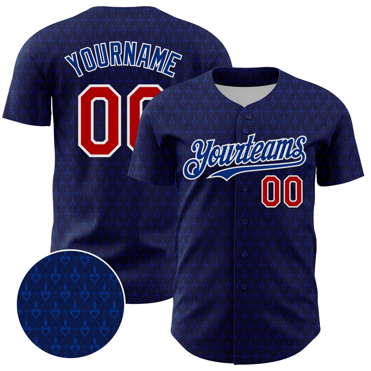 Custom Navy Red-Royal 3D Pattern Design Hearts Authentic Baseball Jersey - Main View