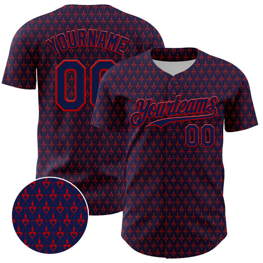 Custom Navy Red 3D Pattern Design Hearts Authentic Baseball Jersey - Main View