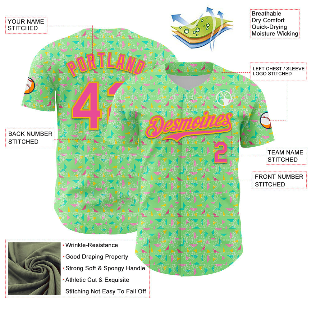 Custom Pea Green Pink-Yellow 3D Pattern Design Geometric Shape Authentic Baseball Jersey view 3