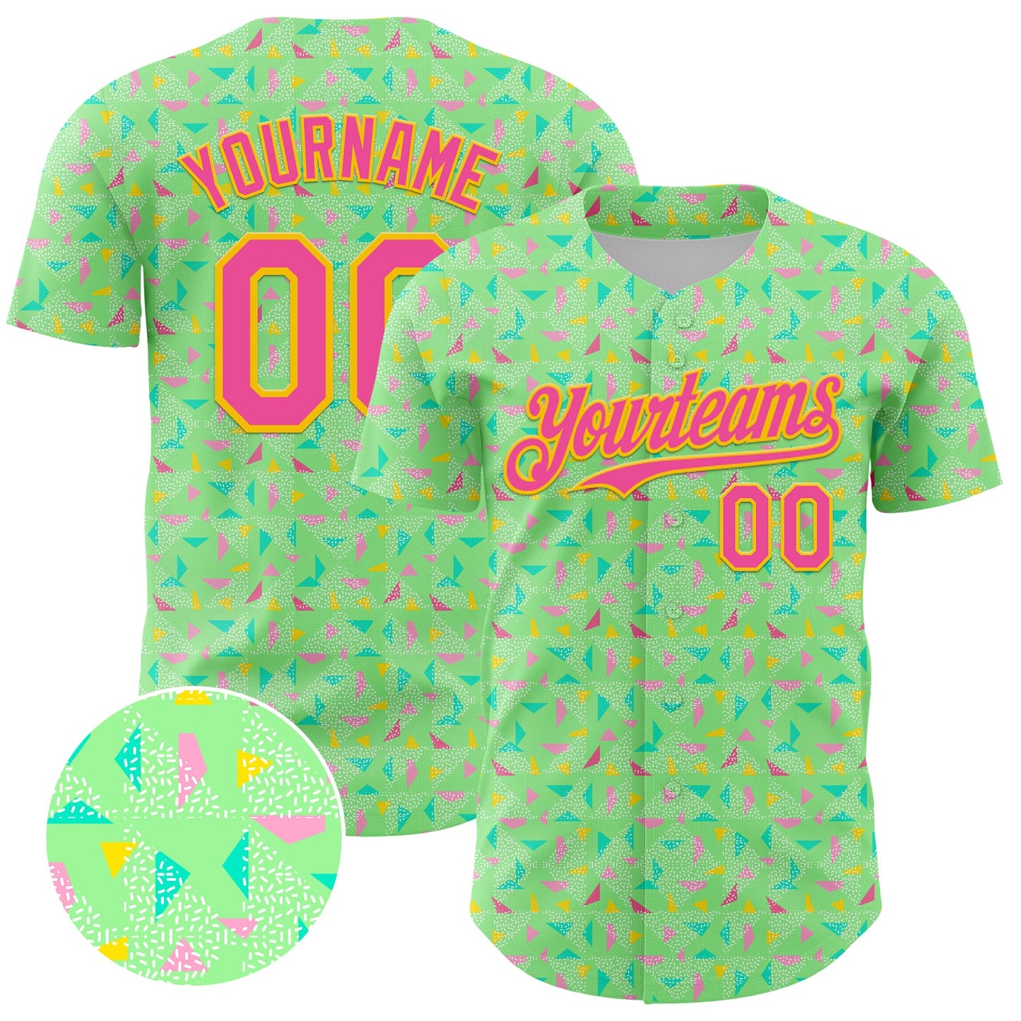 Custom Pea Green Pink-Yellow 3D Pattern Design Geometric Shape Authentic Baseball Jersey - Main View