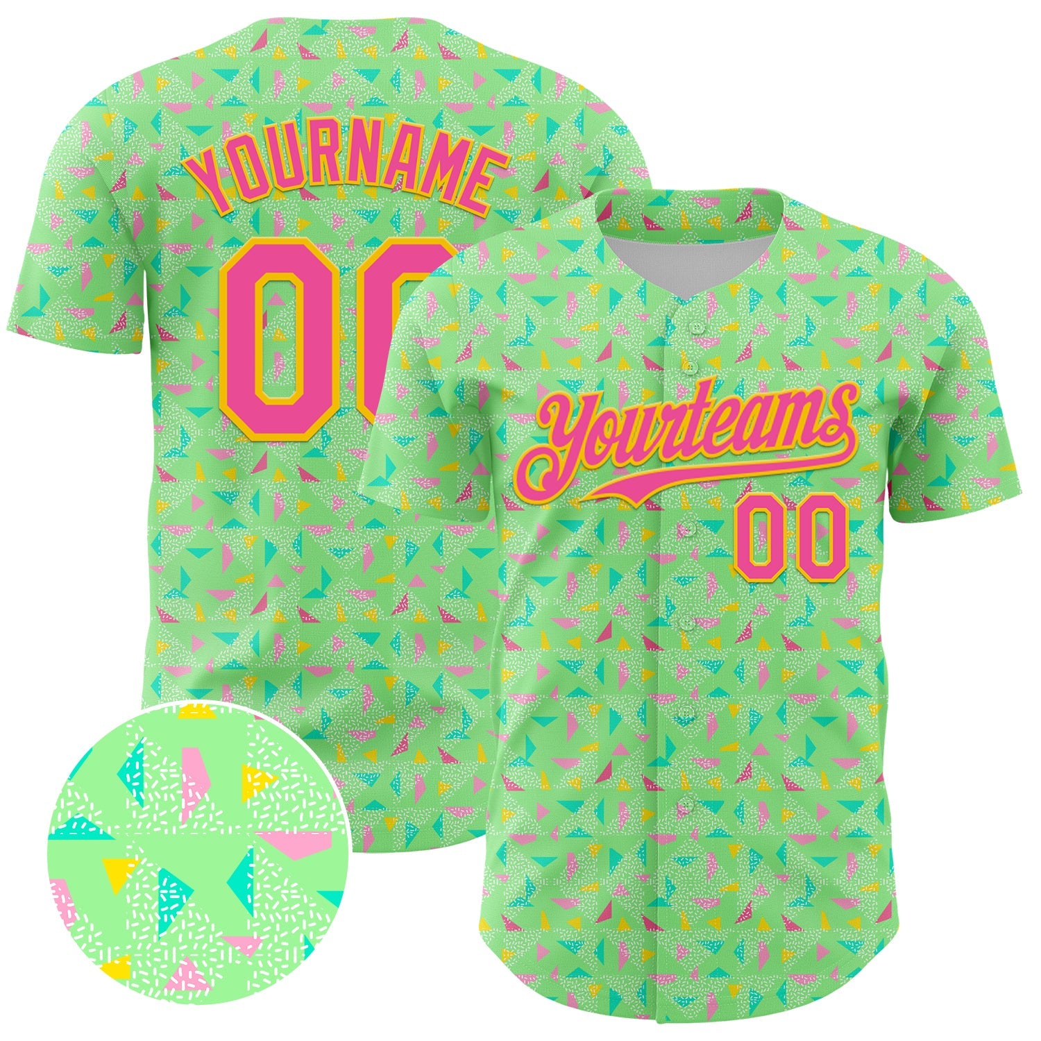 Custom Pea Green Pink-Yellow 3D Pattern Design Geometric Shape Authentic Baseball Jersey - Main View