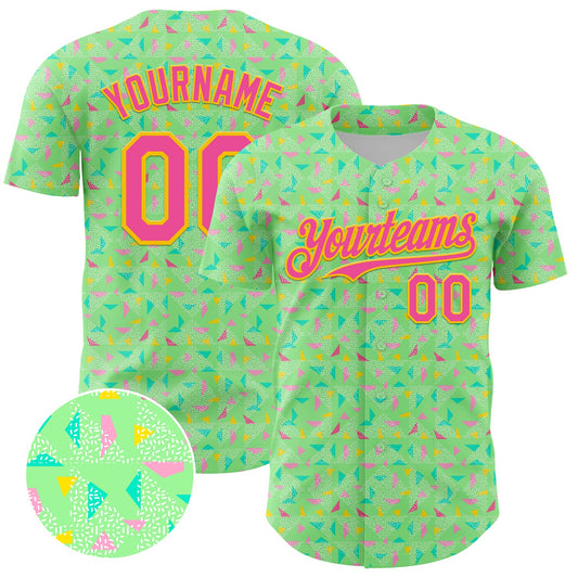 Custom Pea Green Pink-Yellow 3D Pattern Design Geometric Shape Authentic Baseball Jersey - Main View