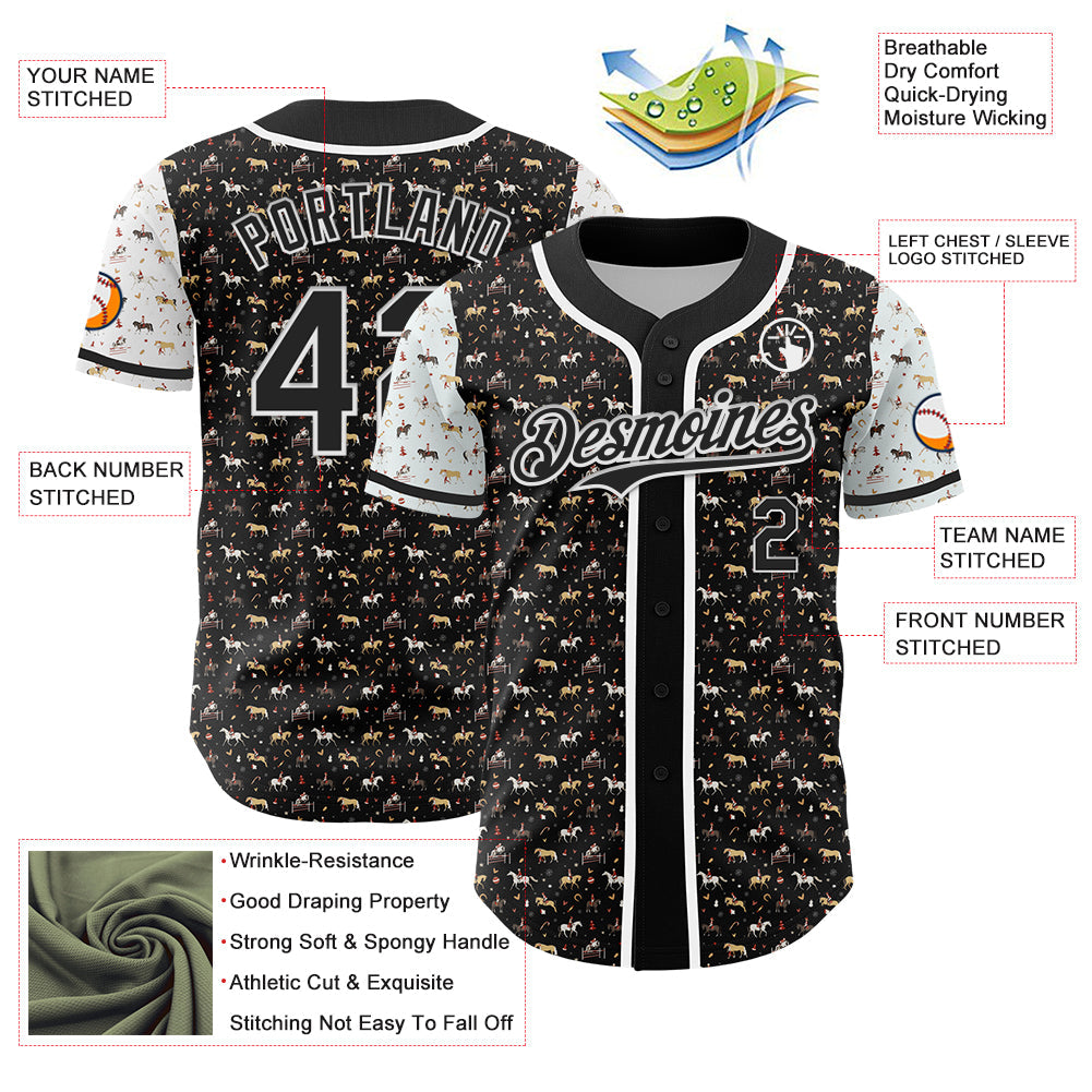 Custom Black White 3D Pattern Design Rodeo Cowboy Authentic Baseball Jersey view 3