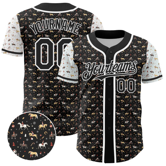 Custom Black White 3D Pattern Design Rodeo Cowboy Authentic Baseball Jersey - Main View