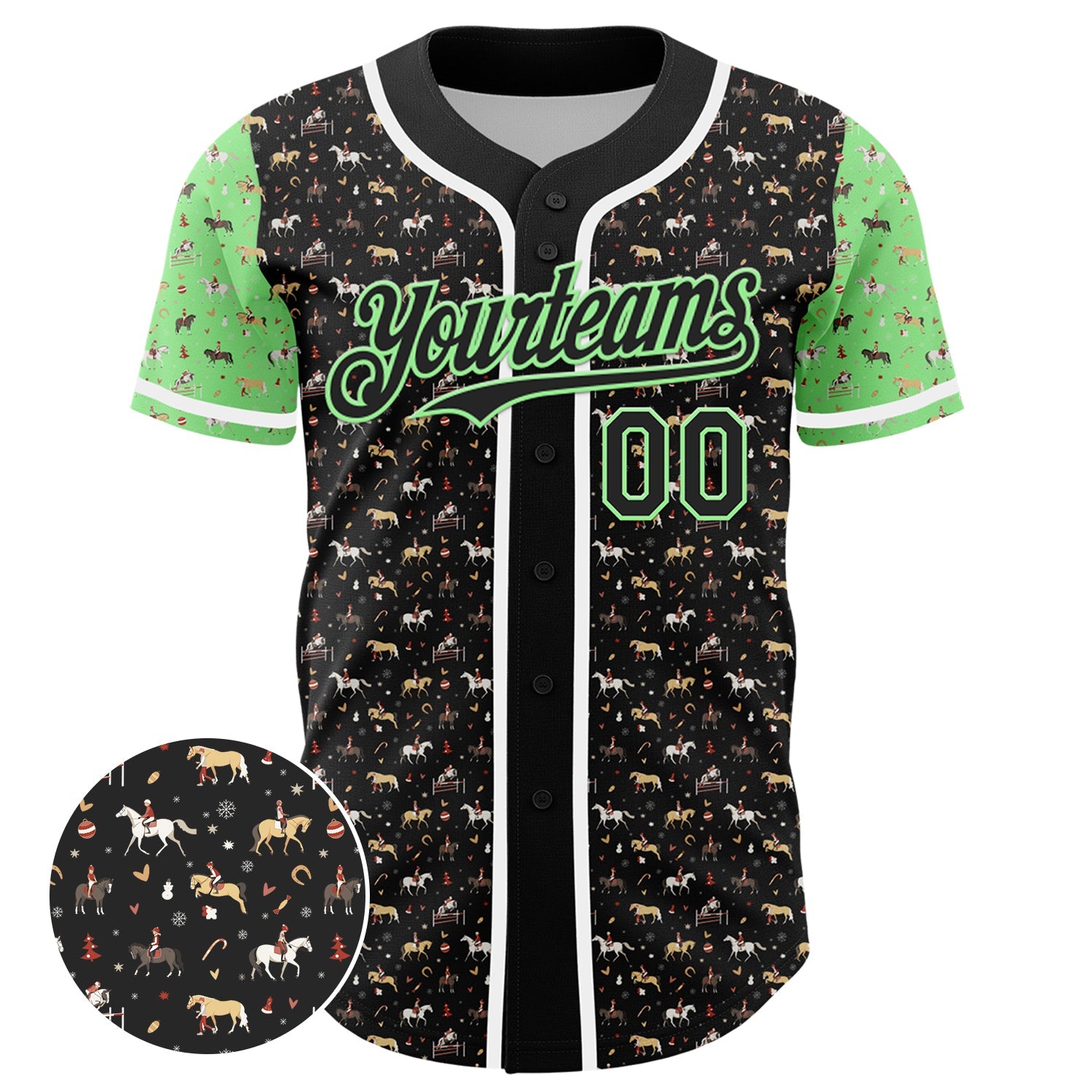 Custom Black Pea Green-White 3D Pattern Design Rodeo Cowboy Authentic Baseball Jersey view 2
