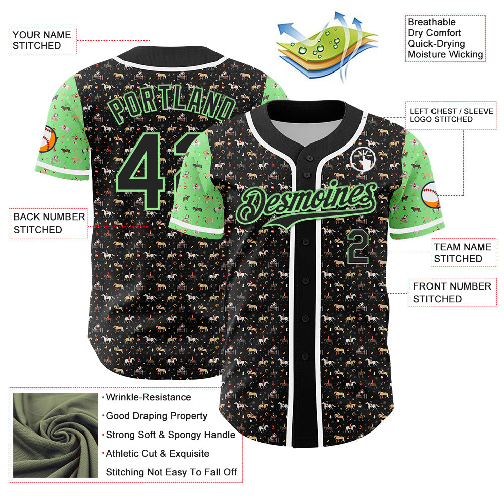 Custom Black Pea Green-White 3D Pattern Design Rodeo Cowboy Authentic Baseball Jersey view 3