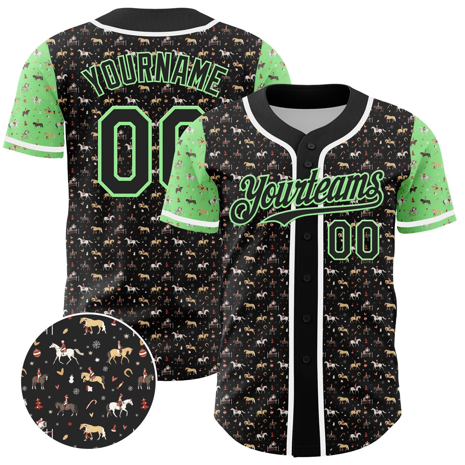 Custom Black Pea Green-White 3D Pattern Design Rodeo Cowboy Authentic Baseball Jersey - Main View