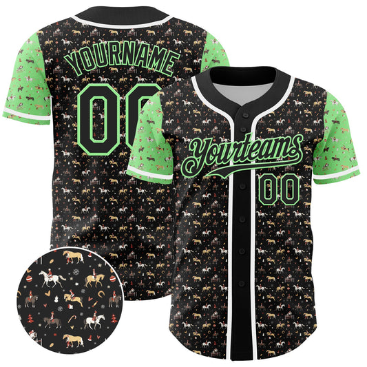Custom Black Pea Green-White 3D Pattern Design Rodeo Cowboy Authentic Baseball Jersey - Main View