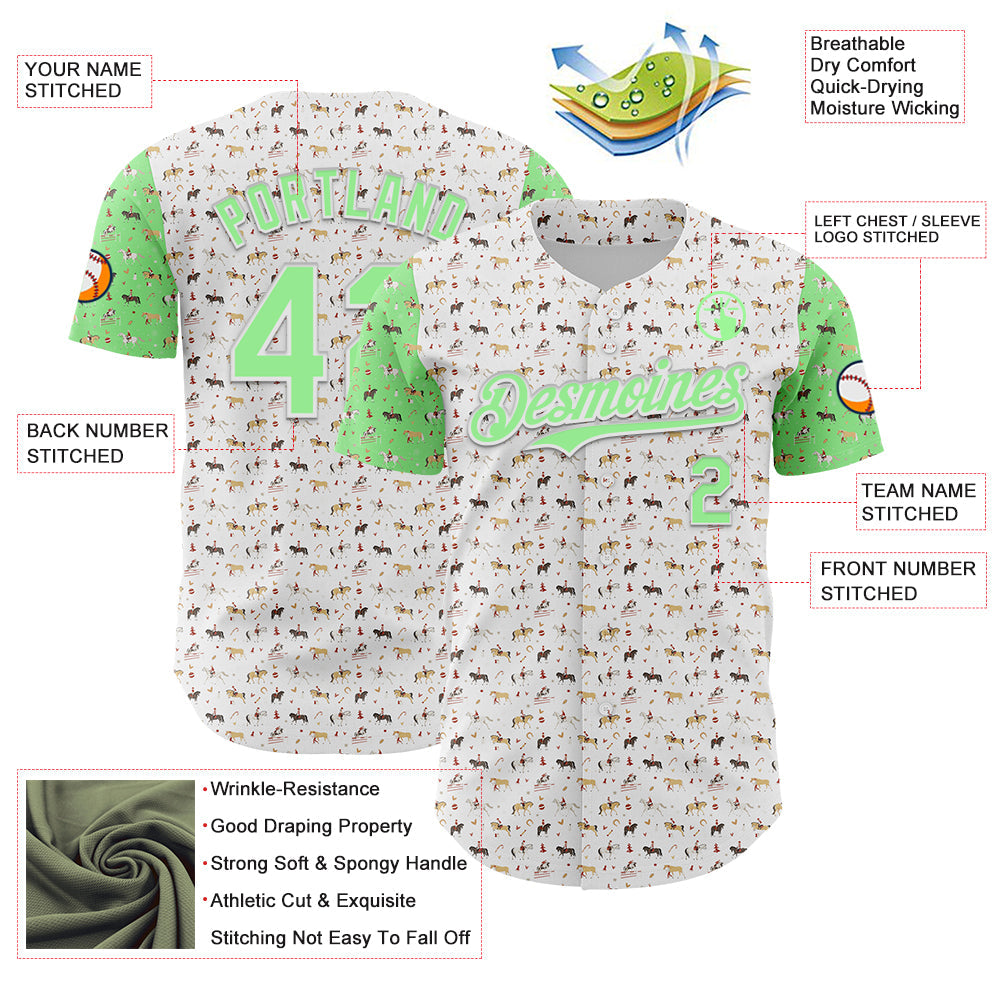 Custom White Pea Green 3D Pattern Design Rodeo Cowboy Authentic Baseball Jersey view 3