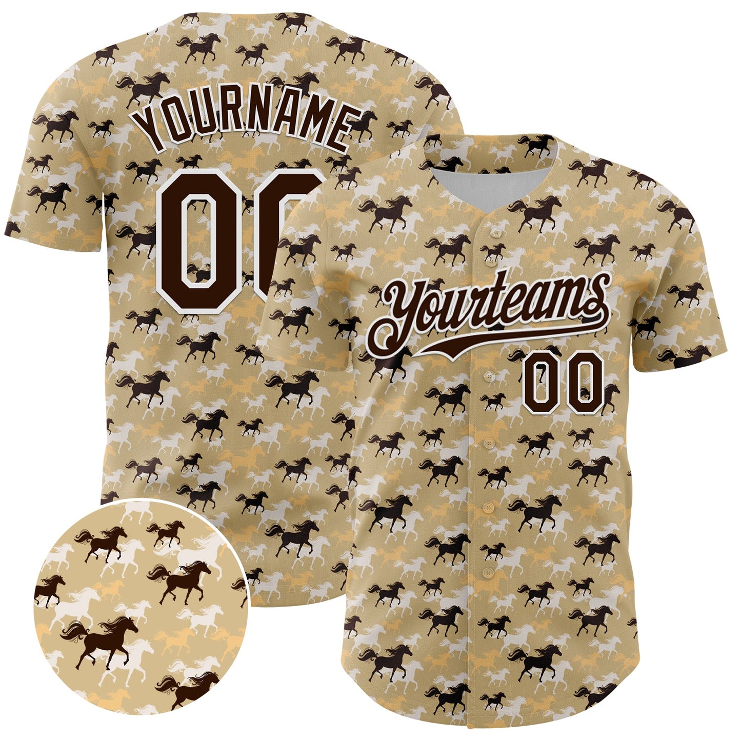 Custom Vegas Gold Brown-White 3D Pattern Design Animal Horse Authentic Baseball Jersey - Main View