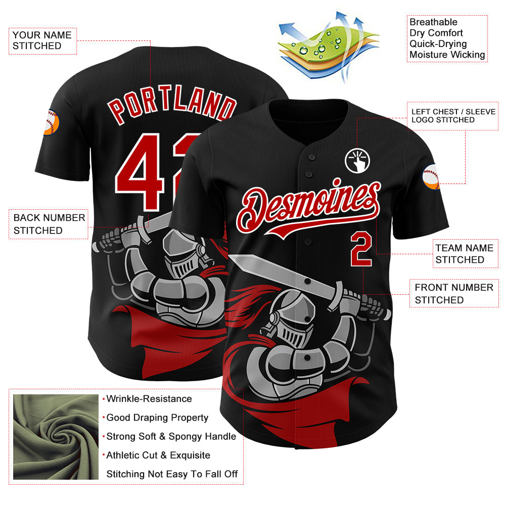 Custom Black Red-White 3D Pattern Design Knight Hero Art Authentic Baseball Jersey view 3