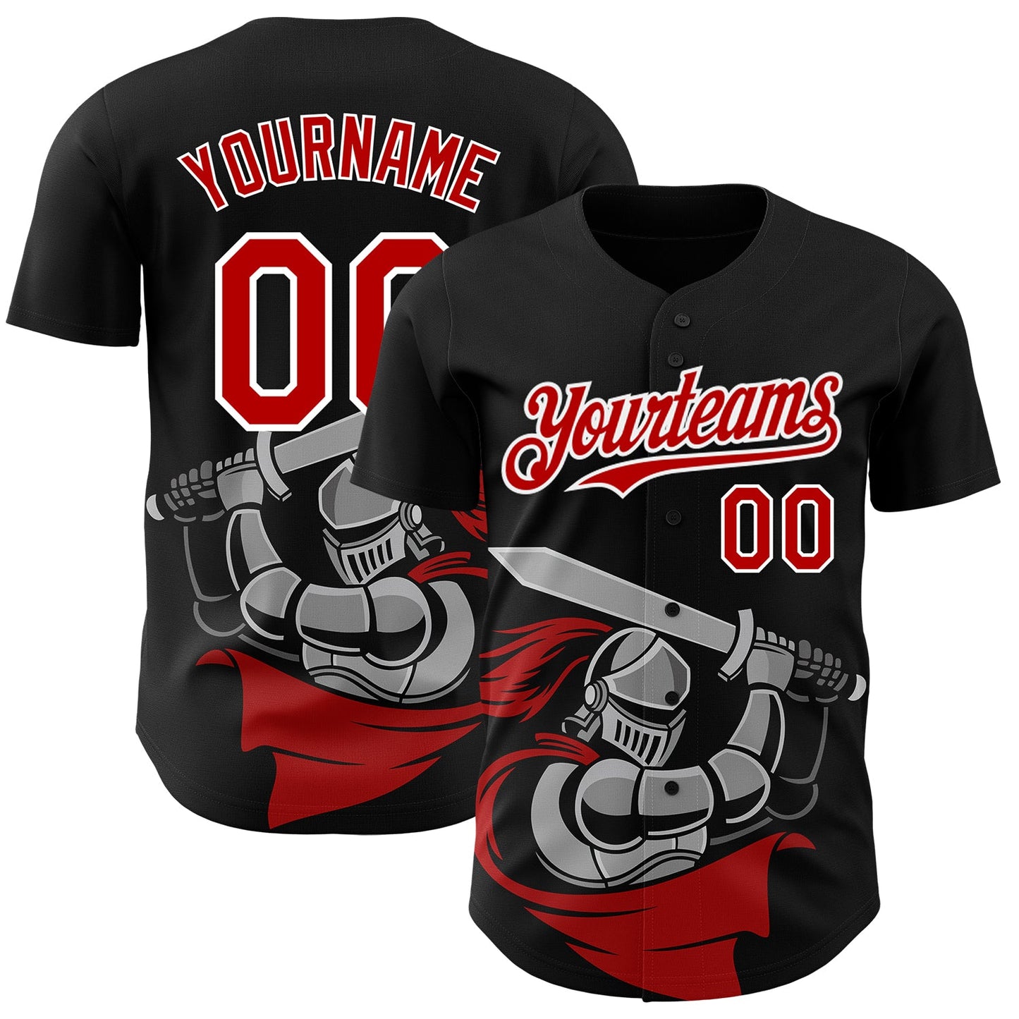 Custom Black Red-White 3D Pattern Design Knight Hero Art Authentic Baseball Jersey - Main View