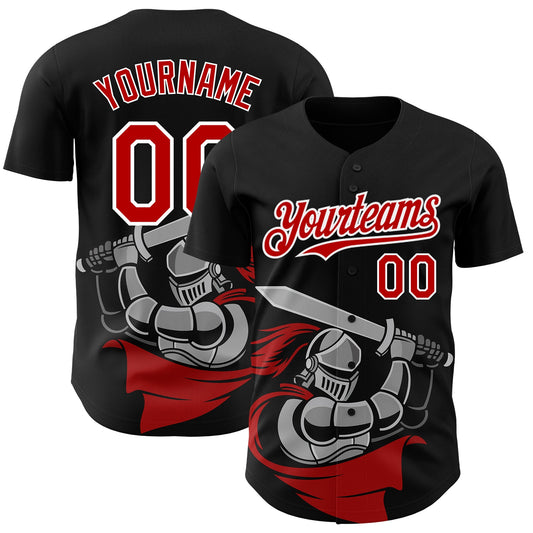 Custom Black Red-White 3D Pattern Design Knight Hero Art Authentic Baseball Jersey - Main View