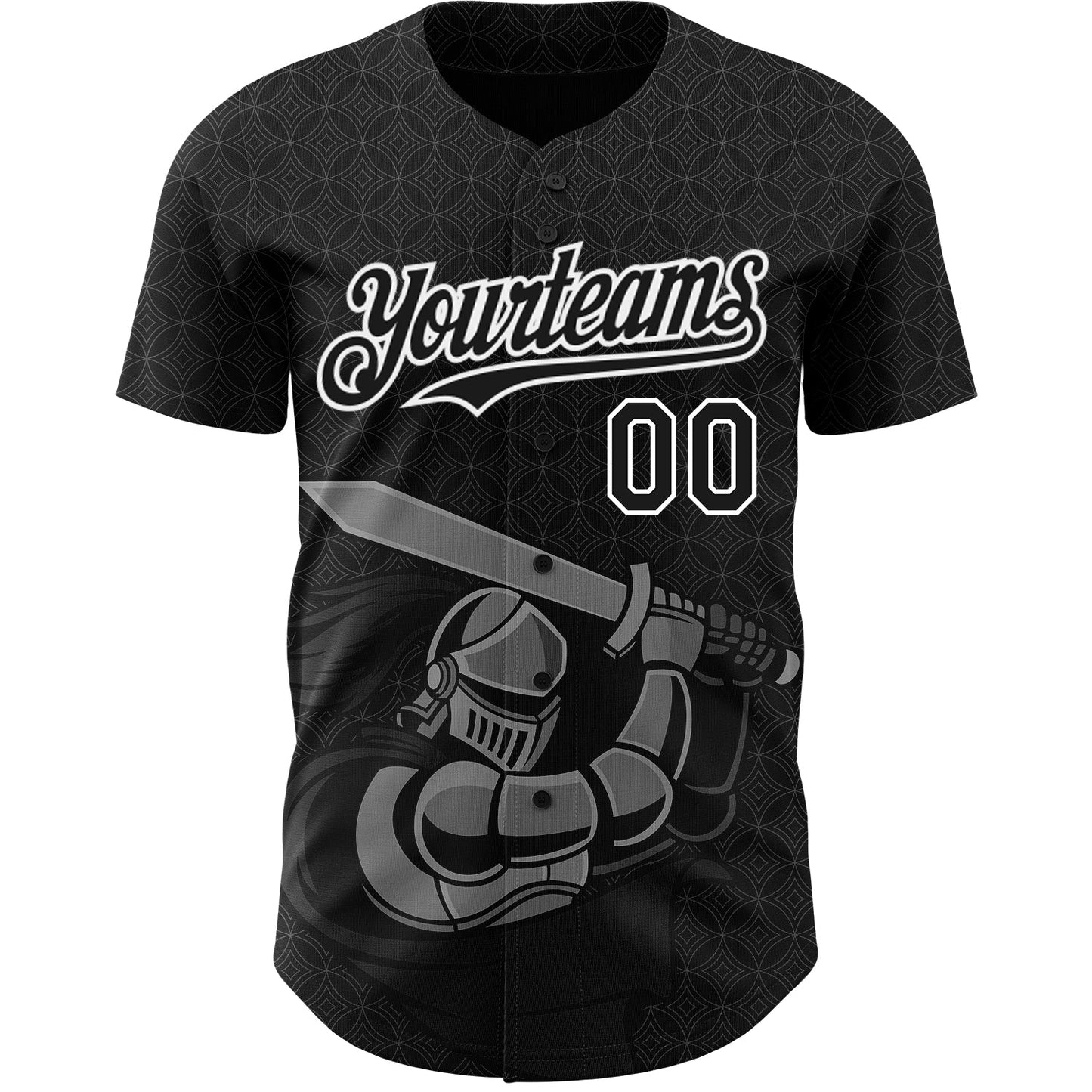 Custom Black White 3D Pattern Design Knight Hero Art Authentic Baseball Jersey view 2