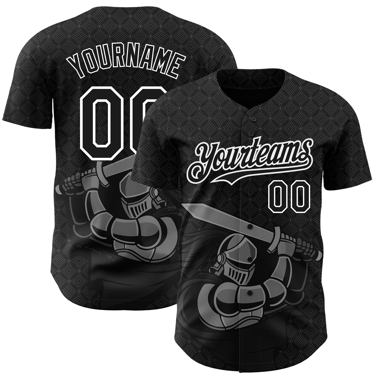 Custom Black White 3D Pattern Design Knight Hero Art Authentic Baseball Jersey - Main View