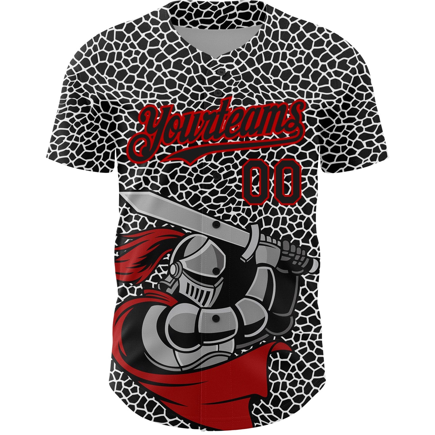 Custom Black Red-White 3D Pattern Design Knight Hero Art Authentic Baseball Jersey view 2