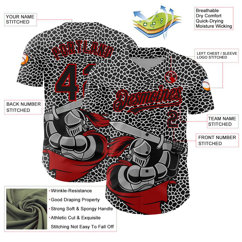 Custom Black Red-White 3D Pattern Design Knight Hero Art Authentic Baseball Jersey view 3