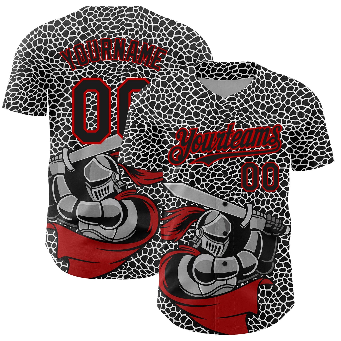 Custom Black Red-White 3D Pattern Design Knight Hero Art Authentic Baseball Jersey - Main View