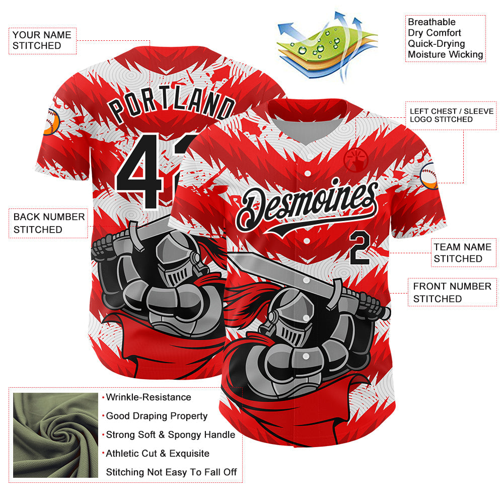 Custom Red Black-White 3D Pattern Design Knight Hero Art Authentic Baseball Jersey view 3