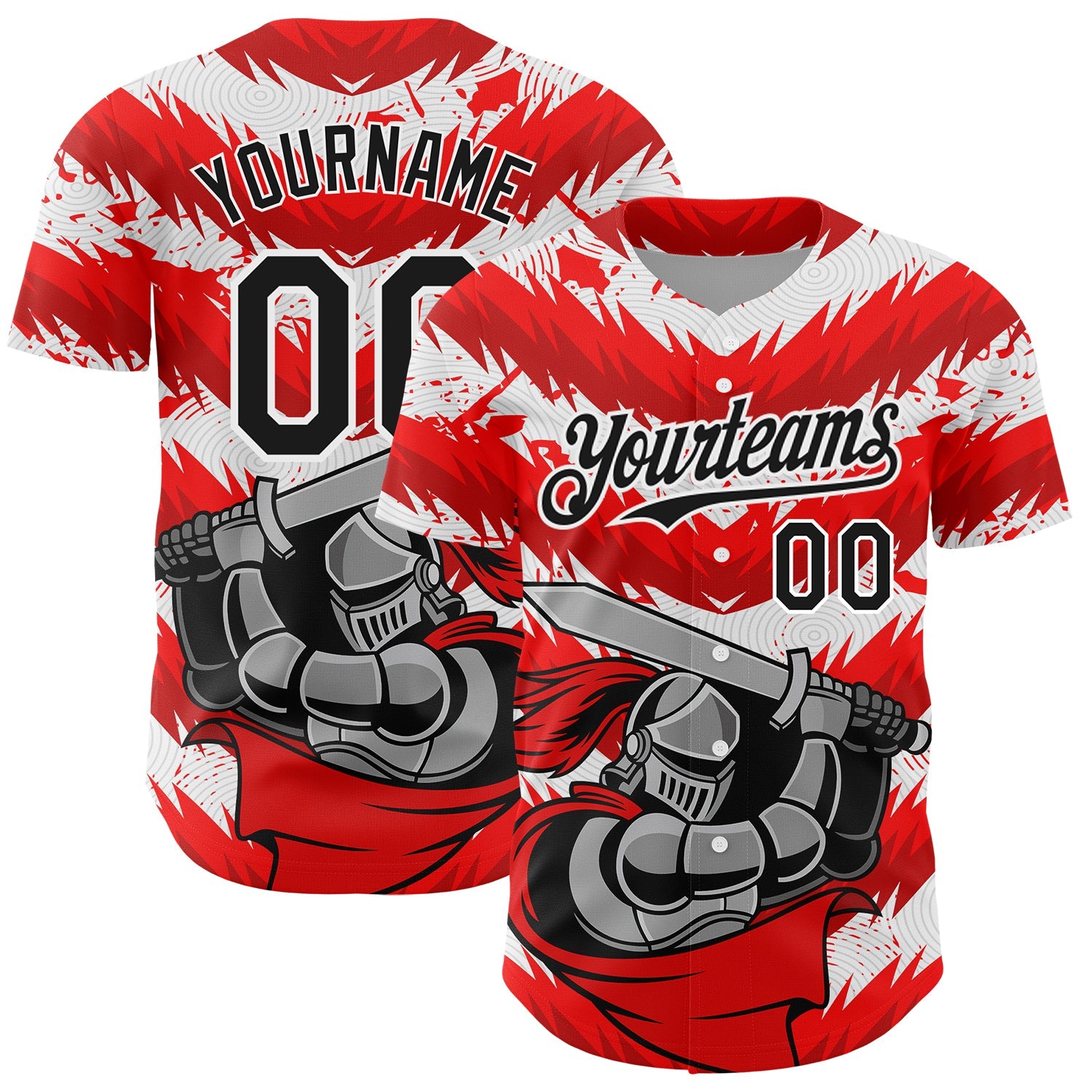 Custom Red Black-White 3D Pattern Design Knight Hero Art Authentic Baseball Jersey - Main View