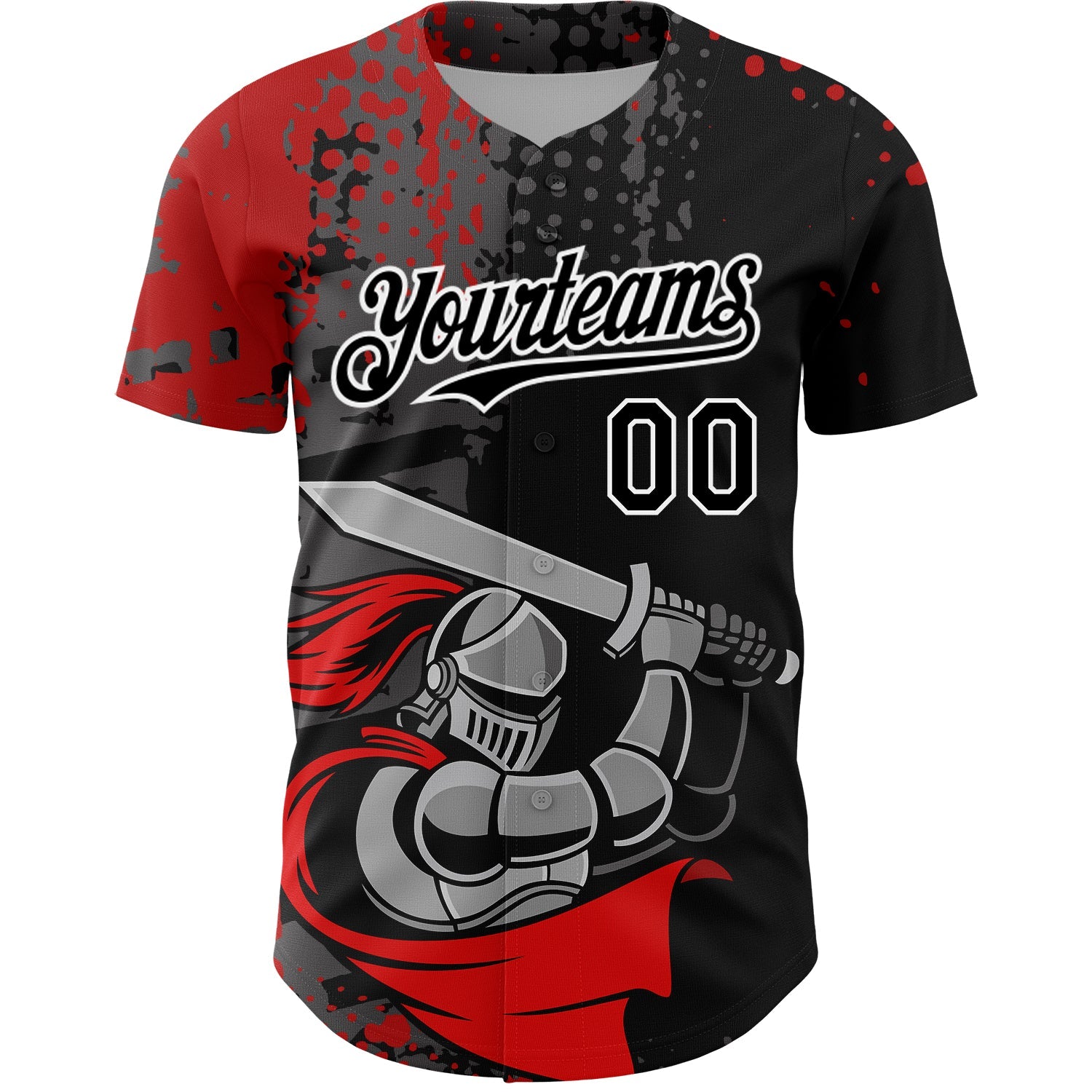 Custom Black Red-White 3D Pattern Design Knight Hero Art Authentic Baseball Jersey view 2
