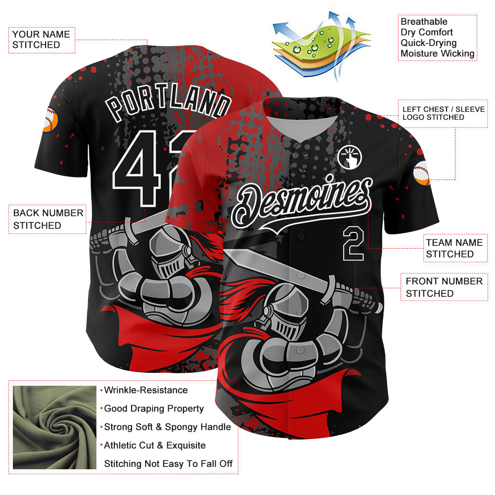 Custom Black Red-White 3D Pattern Design Knight Hero Art Authentic Baseball Jersey view 3