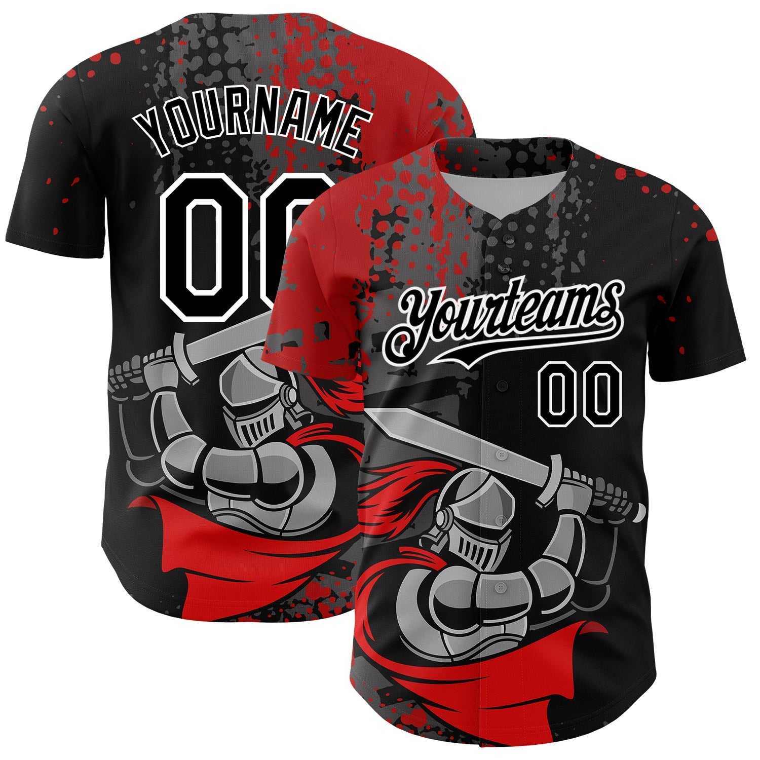 Custom Black Red-White 3D Pattern Design Knight Hero Art Authentic Baseball Jersey - Main View