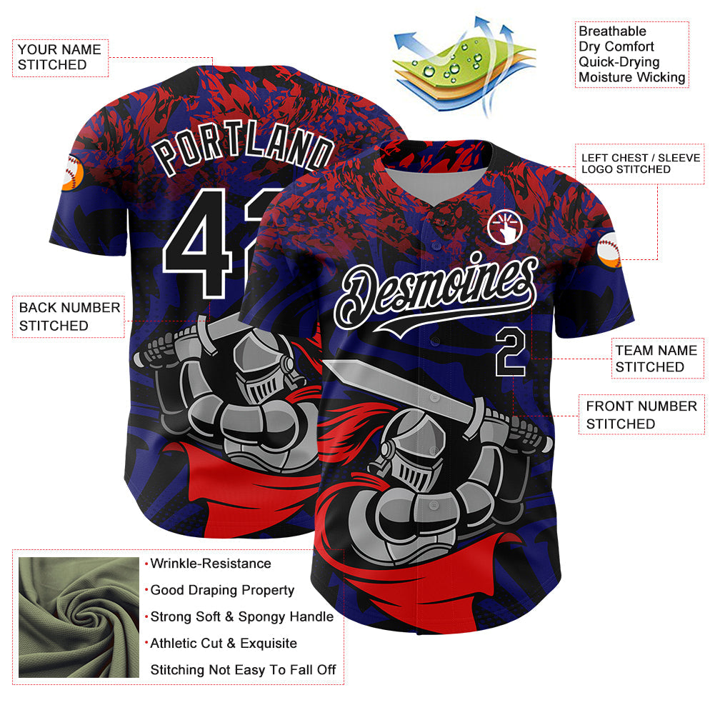 Custom Red Black-Thunder Blue 3D Pattern Design Knight Hero Art Authentic Baseball Jersey view 3