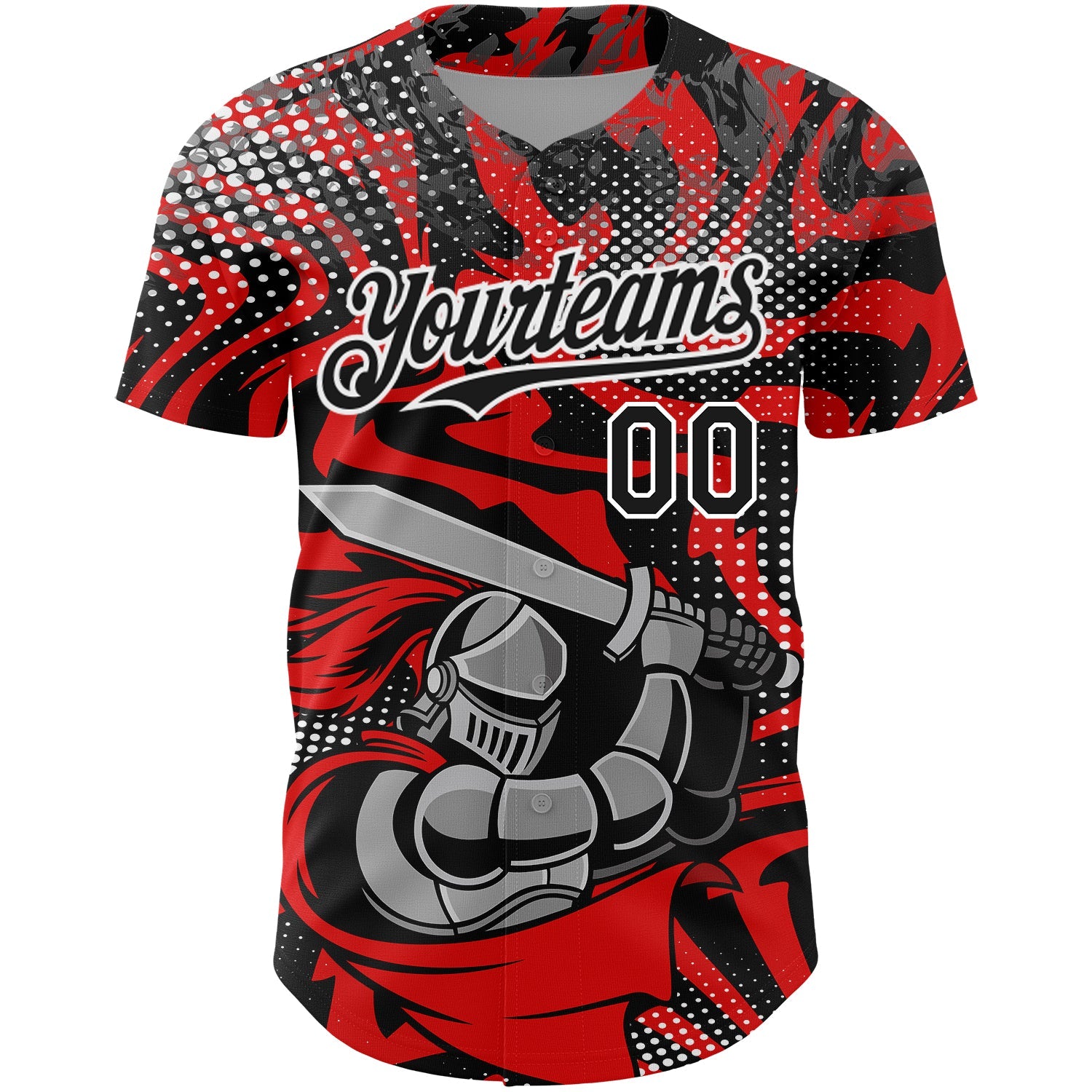 Custom Red Black-White 3D Pattern Design Knight Hero Art Authentic Baseball Jersey view 2